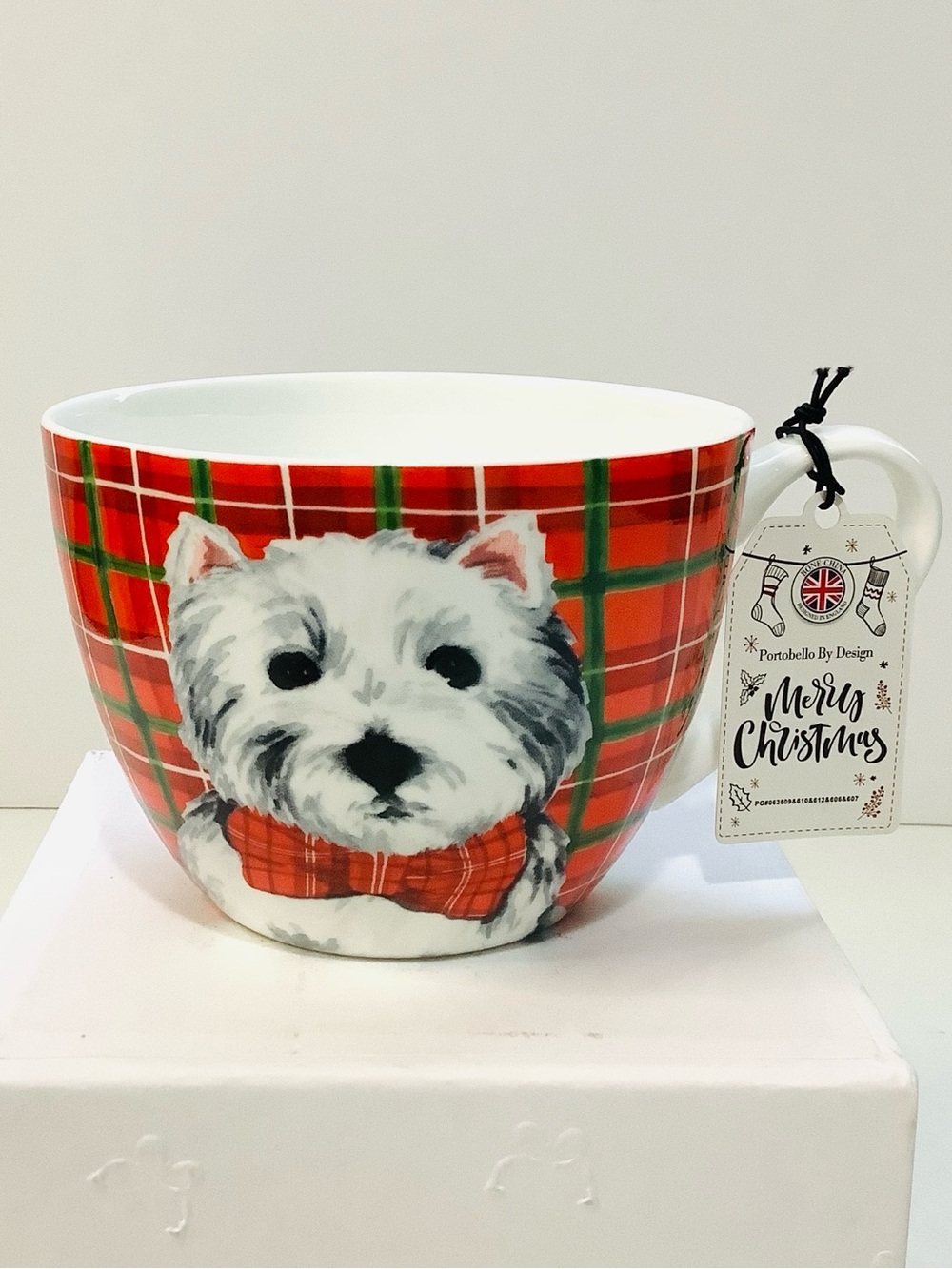 Portobello White Westie Dog Red Plaid Holiday Christmas Coffee Tea Mug Cup NEW